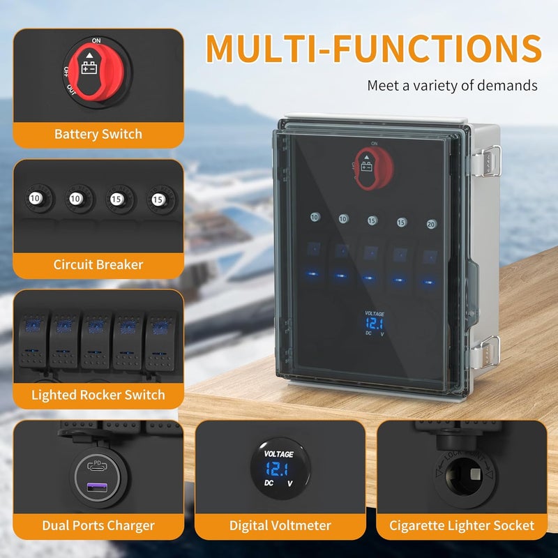 Joinfworld 5 Gang Rocker Switch Box Marine 12V Toggle Switch Panel Waterproof LED Lighted with Breaker USB ＆ PD Type C Charger LED Voltmeter for Boat Automotive Car - Image 5